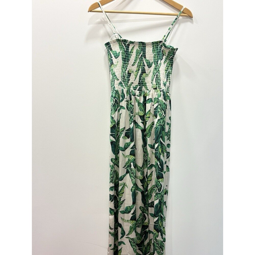 Apricot US 4 XS Green Tropical Leaf Print Smocked Maxi Dress Resort Vacation